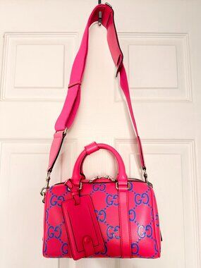 Gucci GG Monogram Boston Mini Hot Pink Embossed Leather Crossbody Handbag